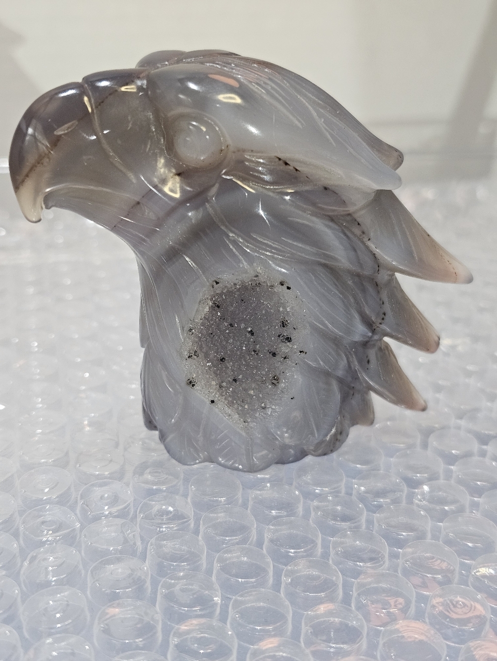 Hand-Carved Agate Eagle Head Sculpture in Gray and White